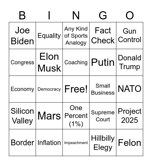 VP Debate 2024 Bingo Card
