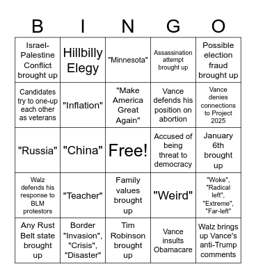 Vice Presidential Debate Bingo Card