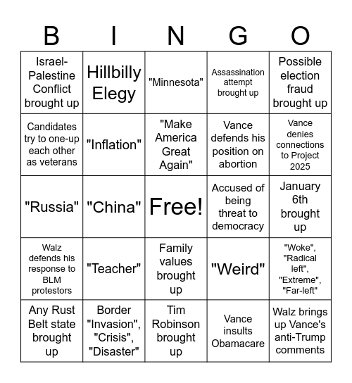 Vice Presidential Debate Bingo Card