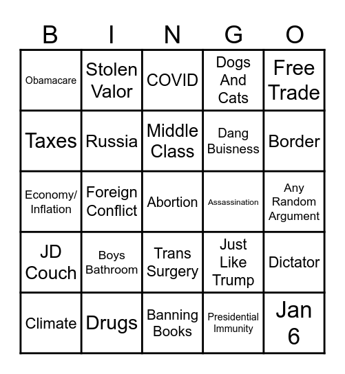 VP Debate Bingo Card