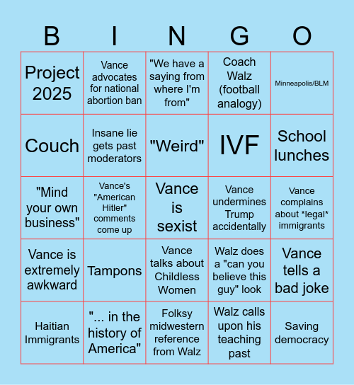 VP Debate Bingo Card