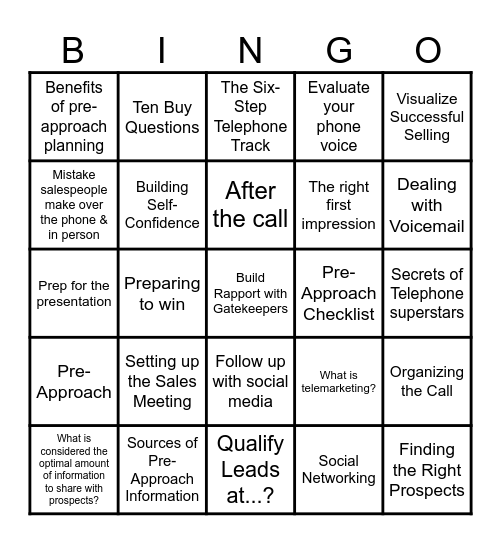 Chapter 9 - The Pre-Approach Bingo Card