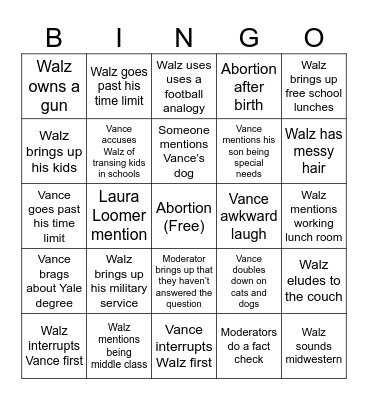 VP Debate Bingo Card