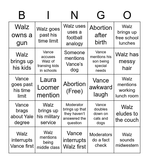 VP Debate Bingo Card