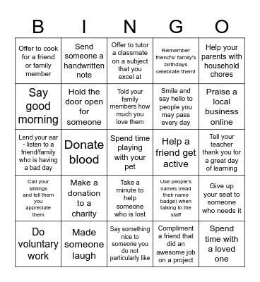 Acts of Kindness Bingo Card