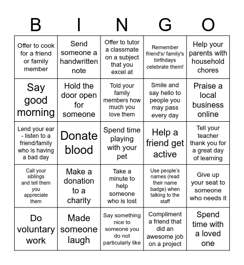Acts of Kindness Bingo Card