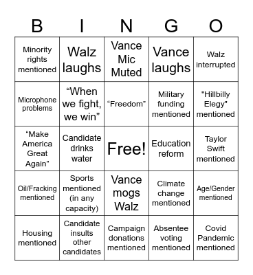 Vice Presidential Debate Bingo Card