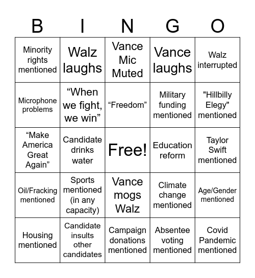 Vice Presidential Debate Bingo Card