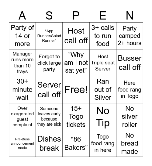 Aspen Creek Bingo Card