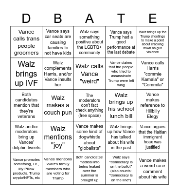 October 2024 VP Debate Bingo Card