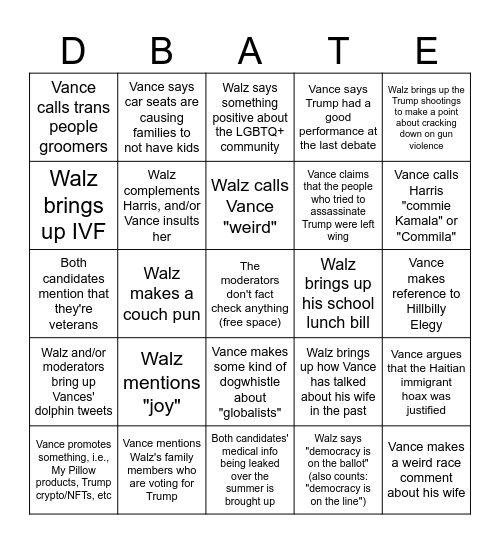 October 2024 VP Debate Bingo Card