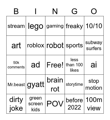 YouTube shorts Bingo Card