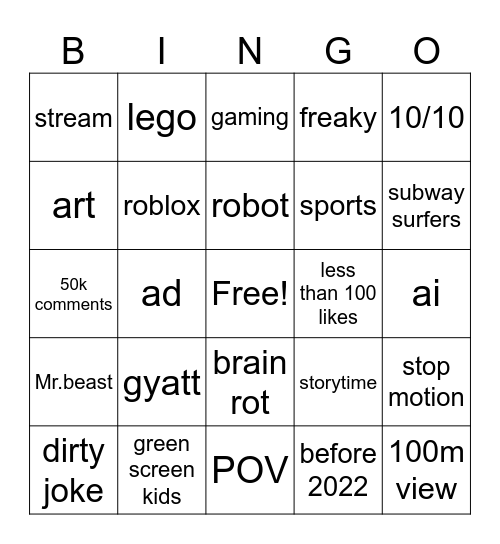 YouTube shorts Bingo Card