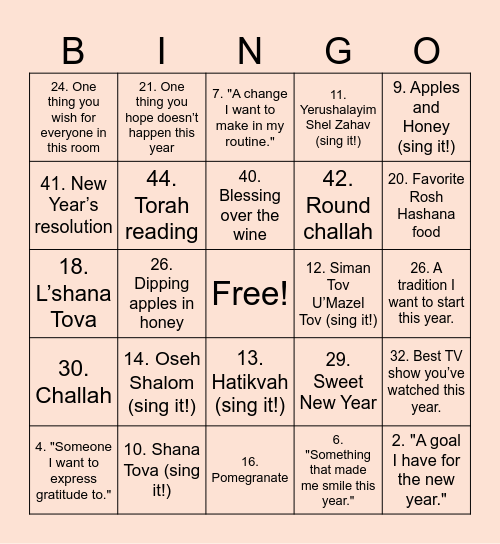 The Aharon's Rosh Hashanah Bingo Card