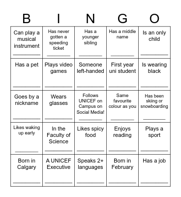 UNICEF on Campus Bingo Card