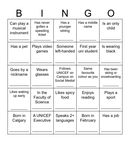 UNICEF on Campus Bingo Card