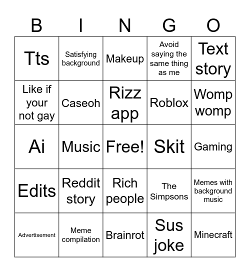 YouTube shorts Bingo Card