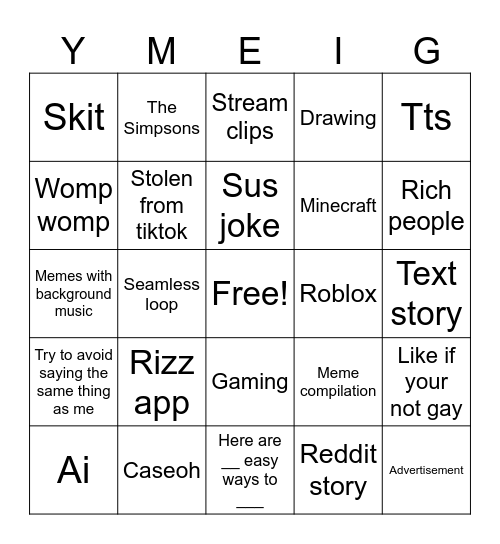 YouTube shorts Bingo Card