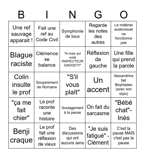 Bingo de l'amphi Bingo Card