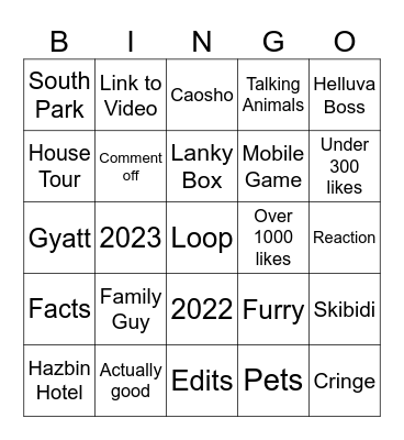 Shorts Bingo Card