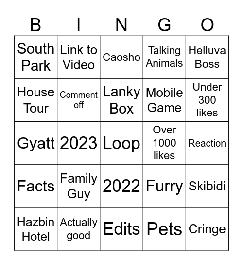 Shorts Bingo Card