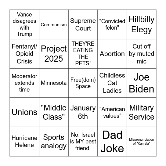 VP Debate Bingo Card