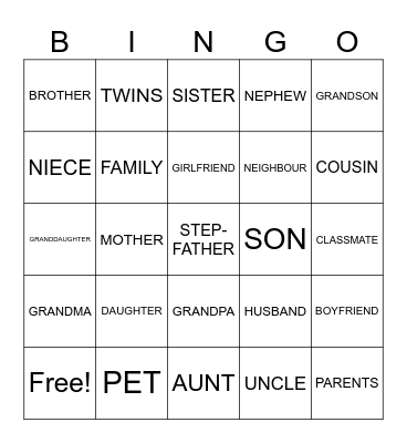 FAMILY MEMBERS BINGO! Bingo Card