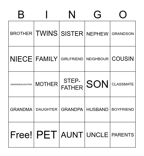 FAMILY MEMBERS BINGO! Bingo Card