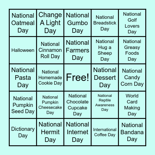 October Holidays Bingo Card