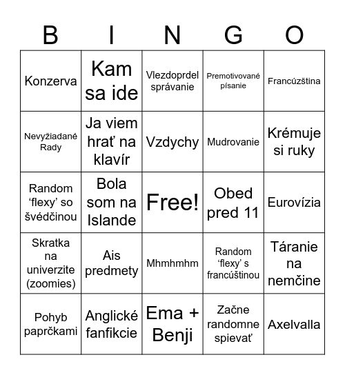 Naše Emičenstvo Bingo Card