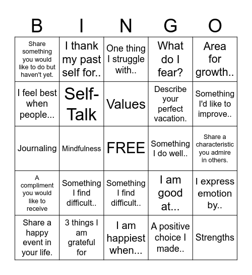 Self Awareness Bingo Card