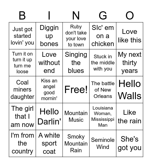 Country 1 #58 songs Bingo Card