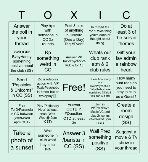 Psy's Toxic Bingo Card