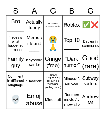 Shorts Bingo Card