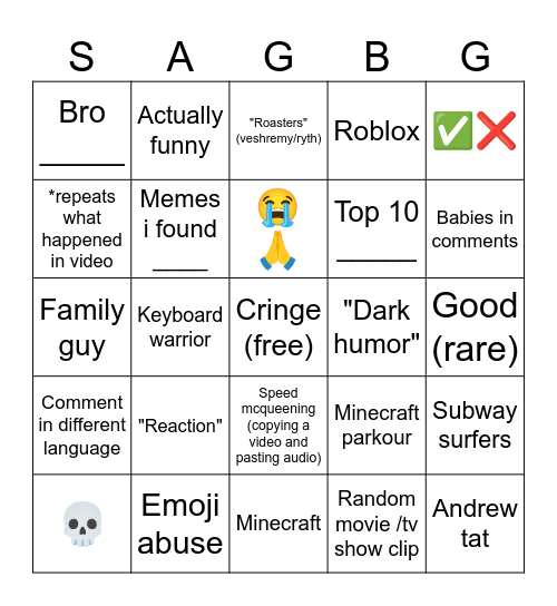 Shorts Bingo Card