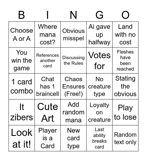 AI Generated MTG Bingo Card