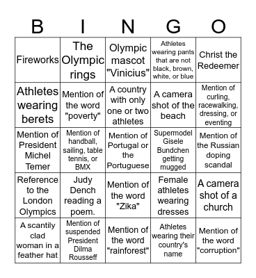 What to Watch For: Opening Ceremonies Bingo Card