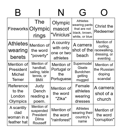 What to Watch For: Opening Ceremonies Bingo Card