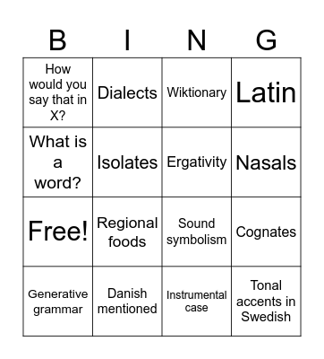 Linguist Lunch Bingo Card