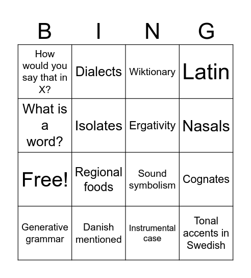 Linguist Lunch Bingo Card