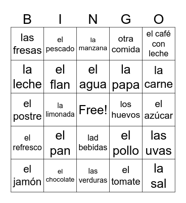 Unidad 2 Vocab 1 La Comida- Brewer Bingo Card