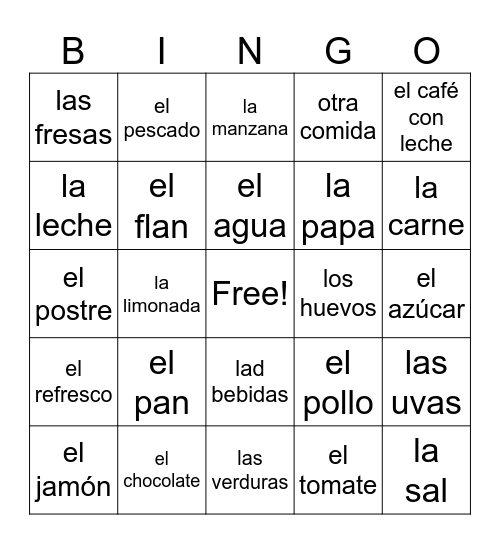 Unidad 2 Vocab 1 La Comida- Brewer Bingo Card