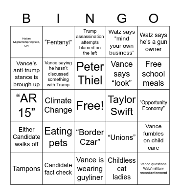Vice President Debate Bingo Card