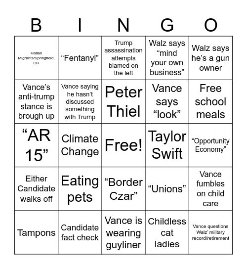 Vice President Debate Bingo Card