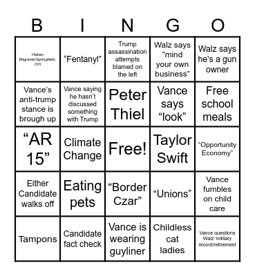 Vice President Debate Bingo Card