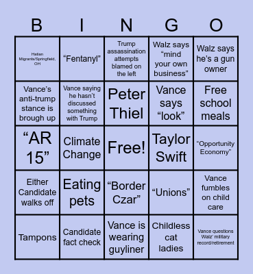 VP Debate Bingo Card