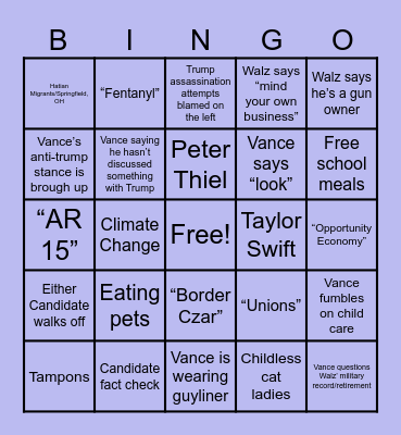 VP Debate Bingo Card