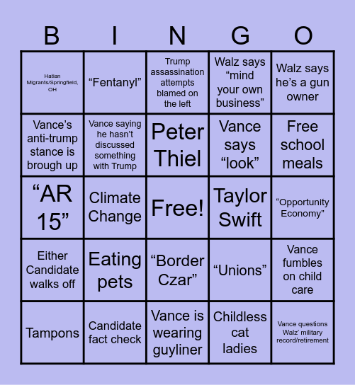 VP Debate Bingo Card