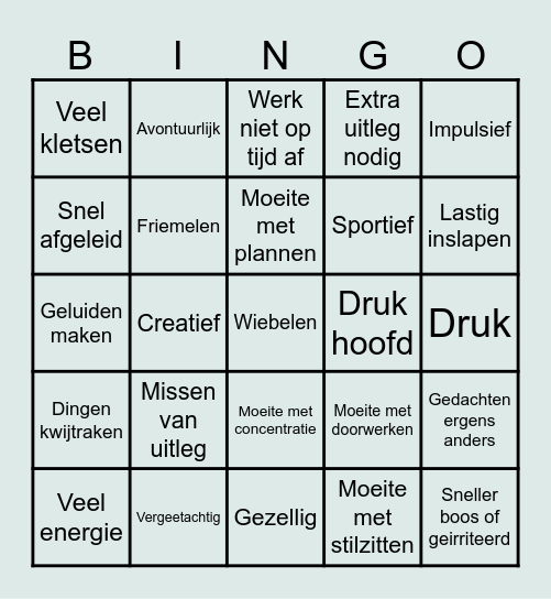 ADHD kenmerken Bingo Card