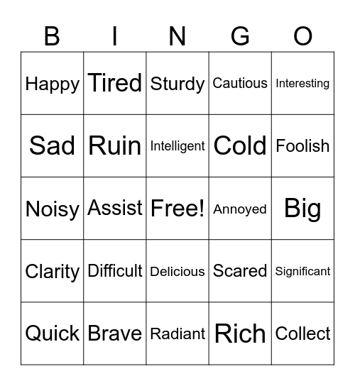 Synonym Bingo Card